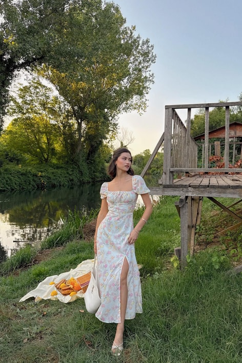 Flower Midi Elbise Beyaz