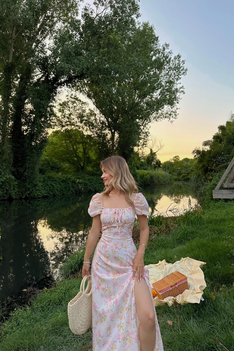 Flower Midi Elbise Pembe