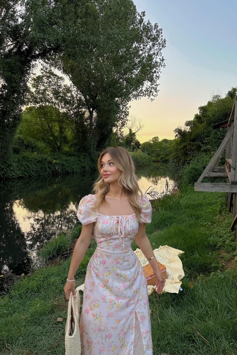 Flower Midi Elbise Pembe