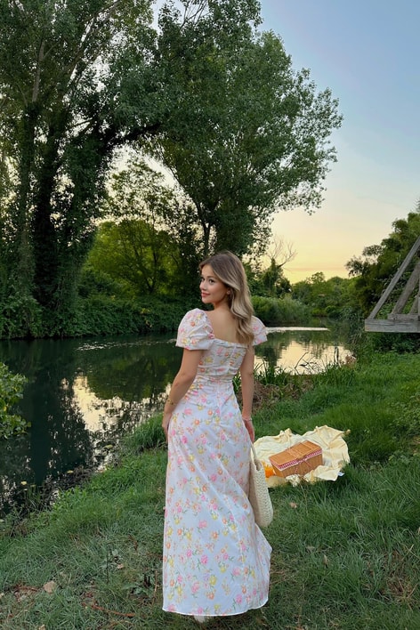 Flower Midi Elbise Pembe
