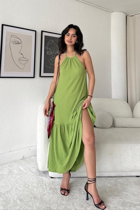 Gofre Clary Salaş Elbise Yeşil