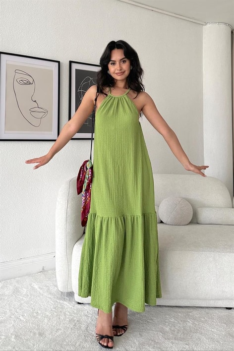 Gofre Clary Salaş Elbise Yeşil