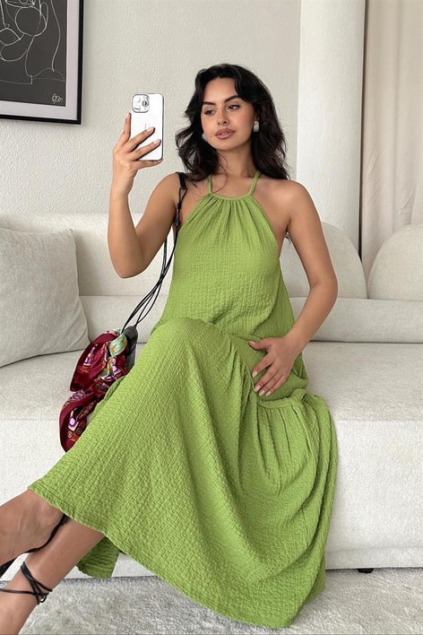 Gofre Clary Salaş Elbise Yeşil