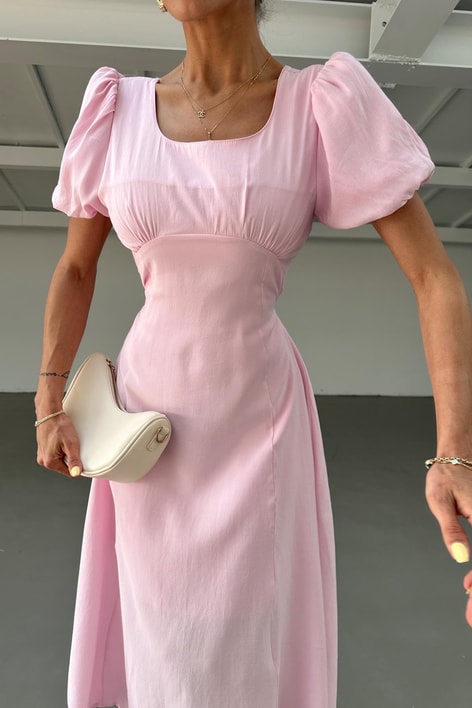 Göğüs Büzgülü Kısa Kol Elbise Pembe