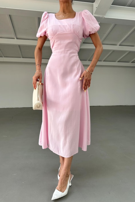 Göğüs Büzgülü Kısa Kol Elbise Pembe