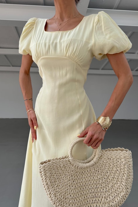 Göğüs Büzgülü Kısa Kol Elbise Sarı