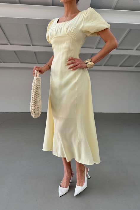 Göğüs Büzgülü Kısa Kol Elbise Sarı