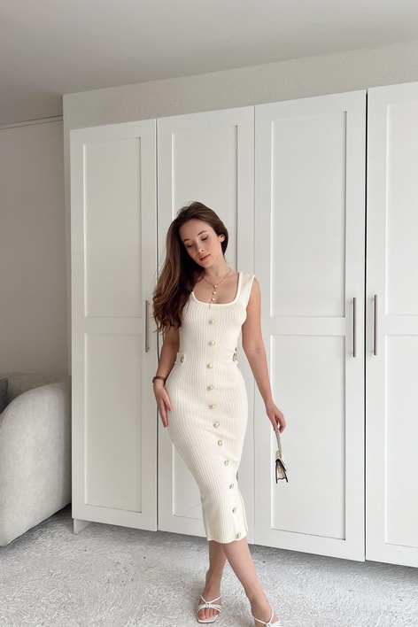 Gold Düğme Triko Elbise Krem