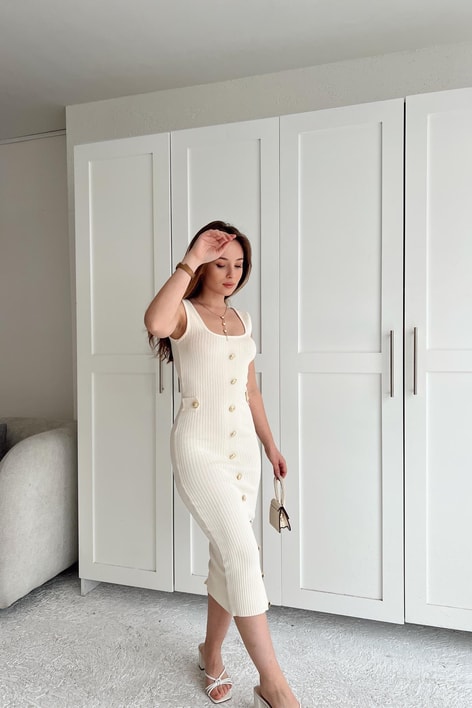 Gold Düğme Triko Elbise Krem