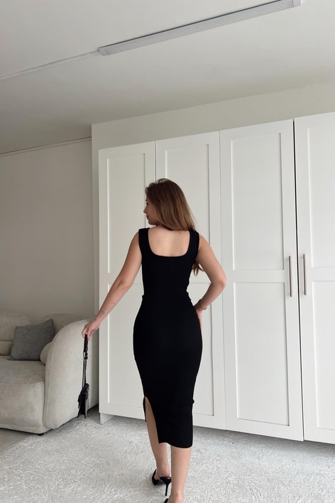 Gold Düğme Triko Elbise Siyah