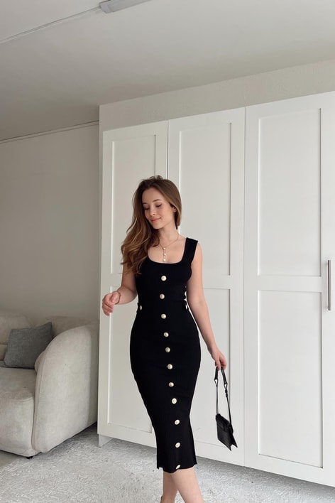 Gold Düğme Triko Elbise Siyah