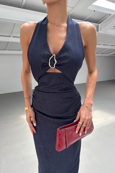 Gold Tokalı Dekolteli Denim Elbise Lacivert