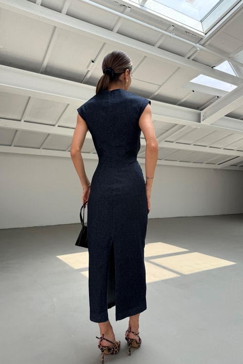 Gold Tokalı Denim Elbise Lacivert