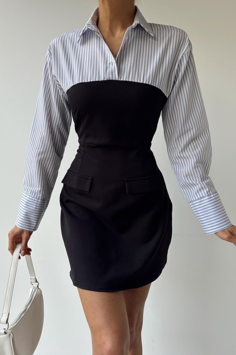 Gömlek Detay Elbise Beyaz