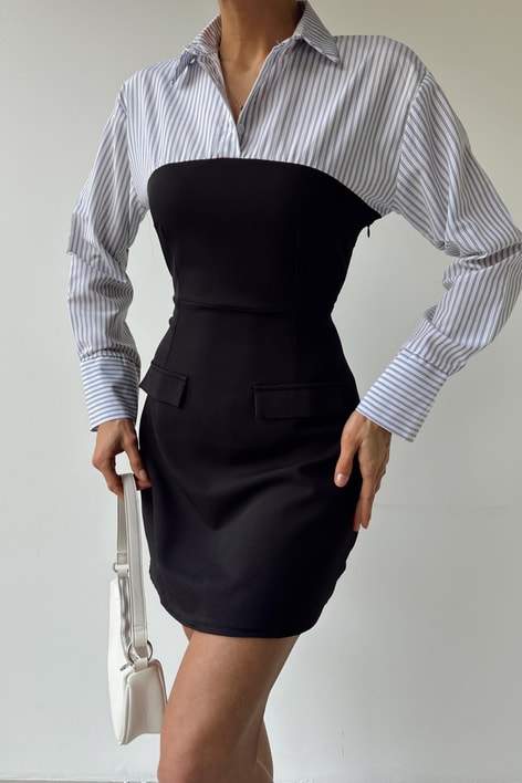 Gömlek Detay Elbise Beyaz