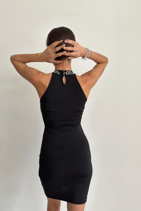 Halter Yaka Taşlı Elbise Siyah