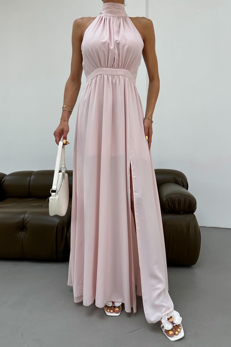 Halter Yaka Yırtmaçlı Şifon Elbise Pudra