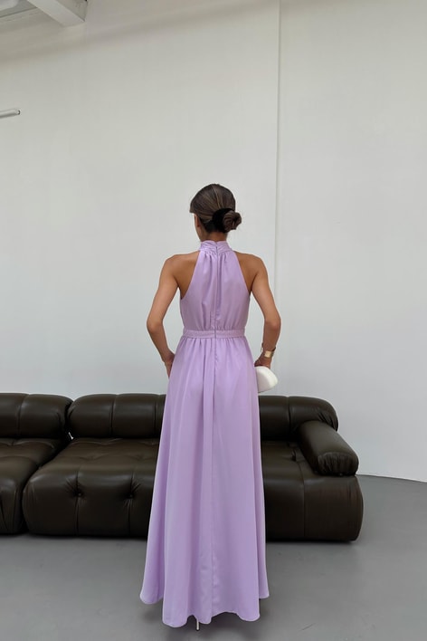 Halter Yaka Yırtmaçlı Şifon Elbise Lila