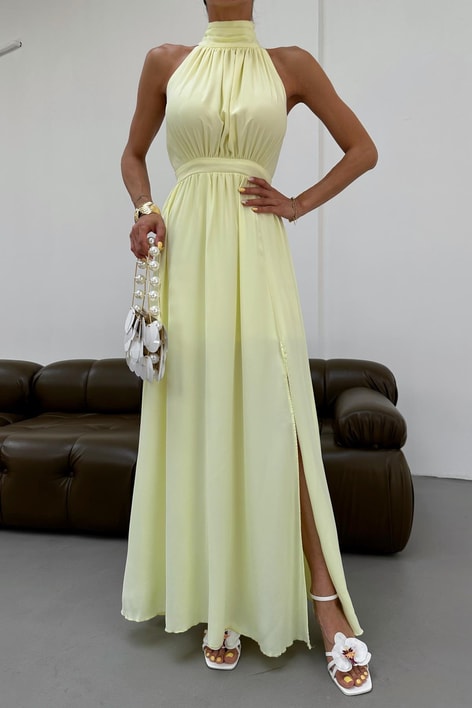 Halter Yaka Yırtmaçlı Şifon Elbise Sarı