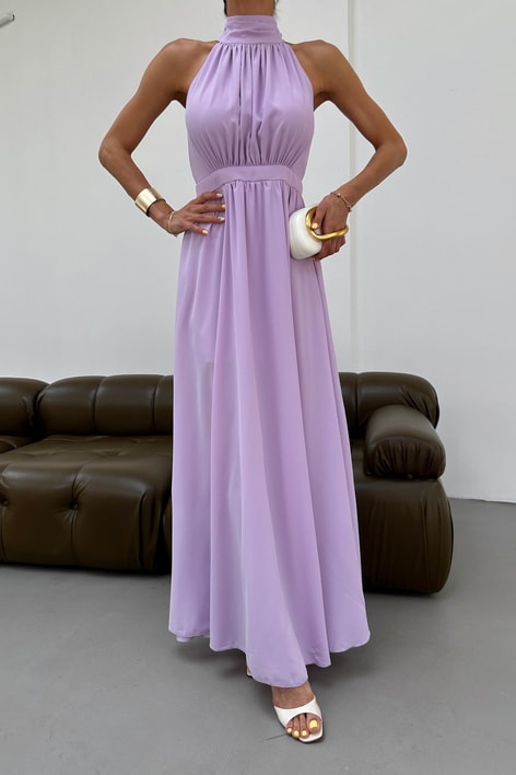 Halter Yaka Yırtmaçlı Şifon Elbise Lila