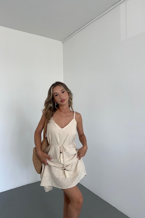Hasır Askılı Mini Elbise Taş