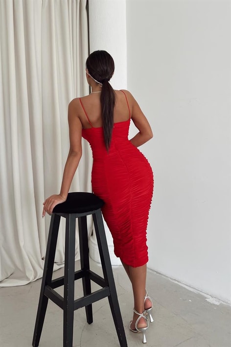 İp Askılı Büzgü Madeline Elbise Kırmızı