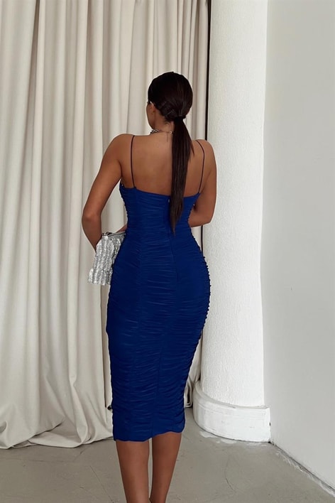 İp Askılı Büzgü Madeline Elbise Saks Mavisi