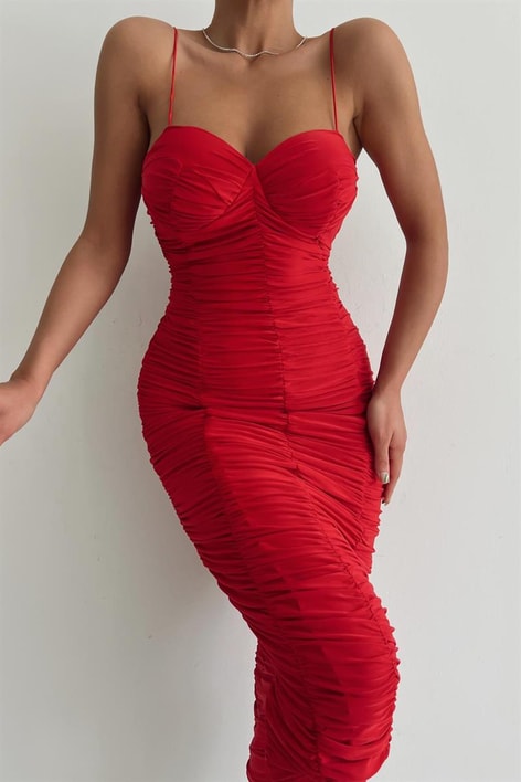 İp Askılı Büzgü Madeline Elbise Kırmızı