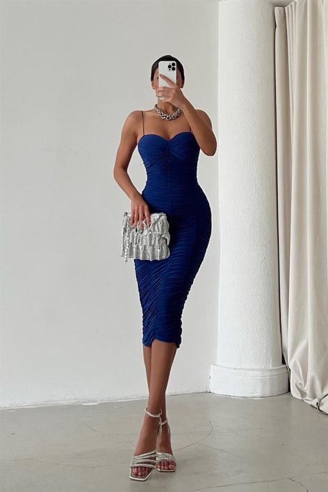 İp Askılı Büzgü Madeline Elbise Saks Mavisi