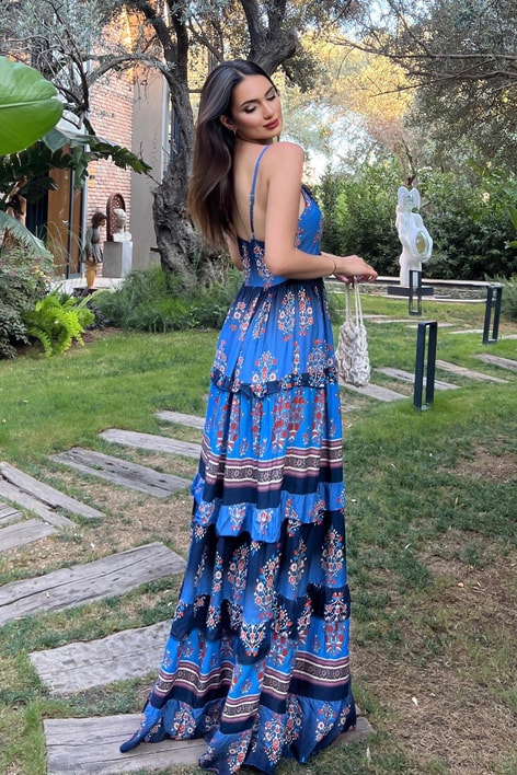 İp Askılı Etnik Desen Elbise Lacivert