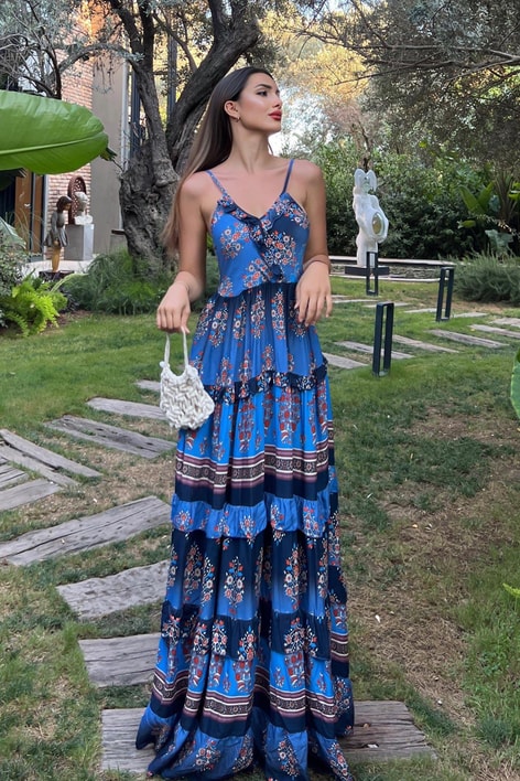 İp Askılı Etnik Desen Elbise Lacivert