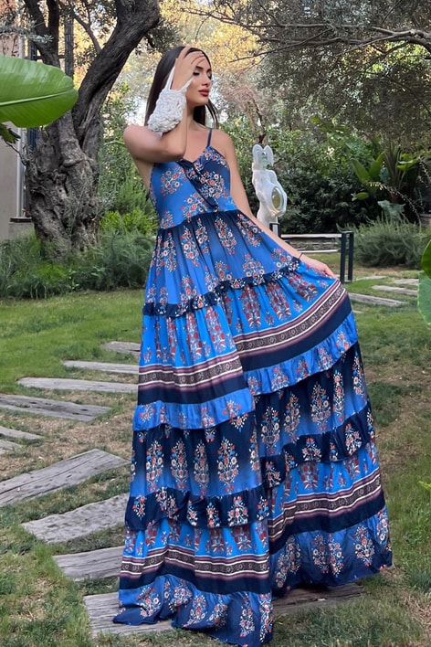 İp Askılı Etnik Desen Elbise Lacivert