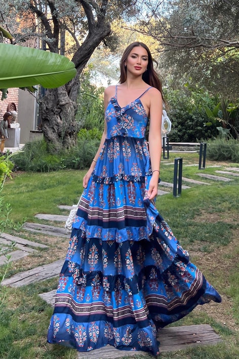 İp Askılı Etnik Desen Elbise Lacivert