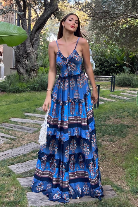 İp Askılı Etnik Desen Elbise Lacivert