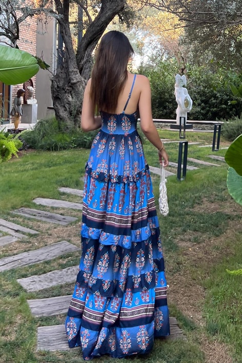 İp Askılı Etnik Desen Elbise Lacivert