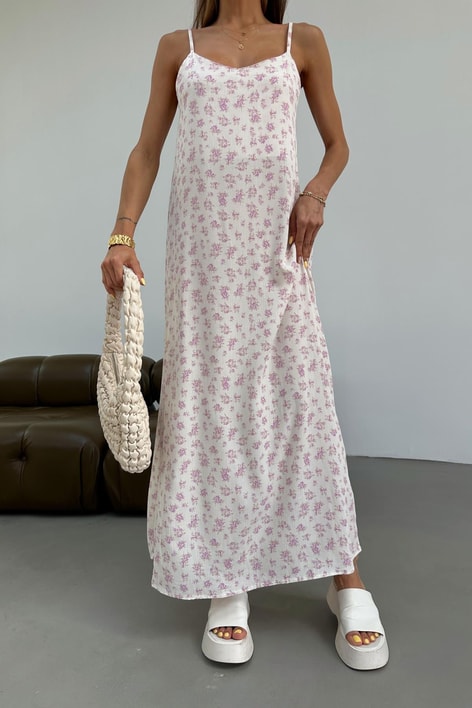 İp Askılı Flower Midi Elbise Krem