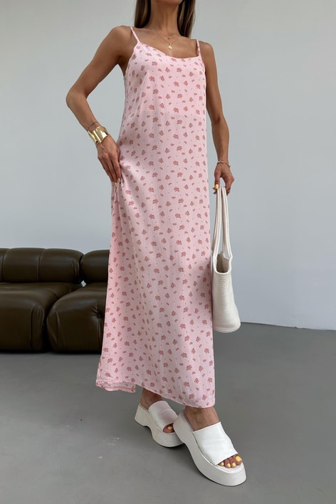 İp Askılı Flower Midi Elbise Pembe