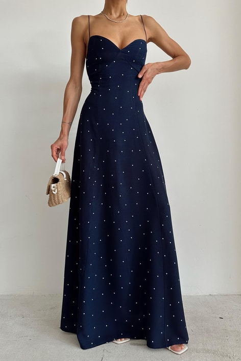 İp Askılı Maxi Puantiyeli Elbise Lacivert