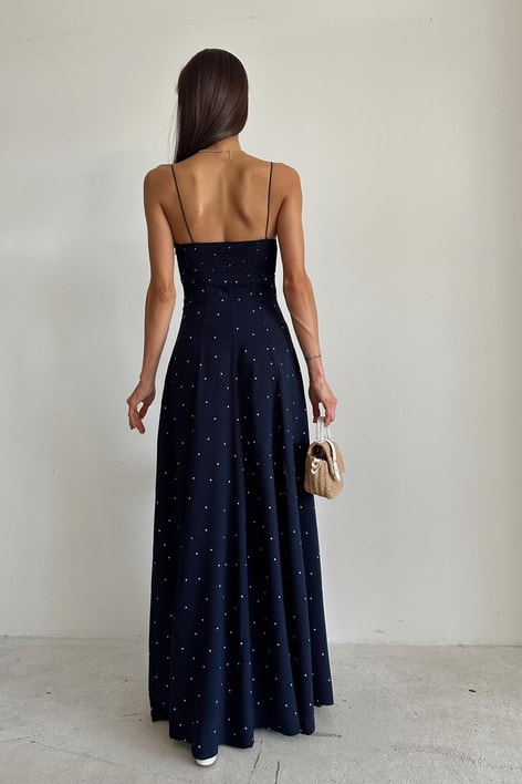 İp Askılı Maxi Puantiyeli Elbise Lacivert