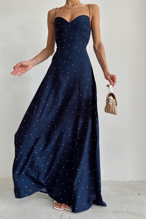 İp Askılı Maxi Puantiyeli Elbise Lacivert