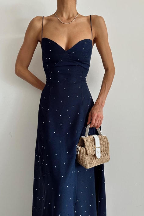 İp Askılı Maxi Puantiyeli Elbise Lacivert