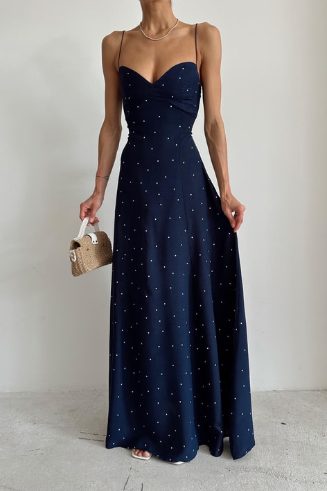 İp Askılı Maxi Puantiyeli Elbise Lacivert