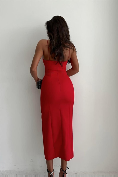 İp Askılı Midi Yırtmaçlı Elbise Kırmızı