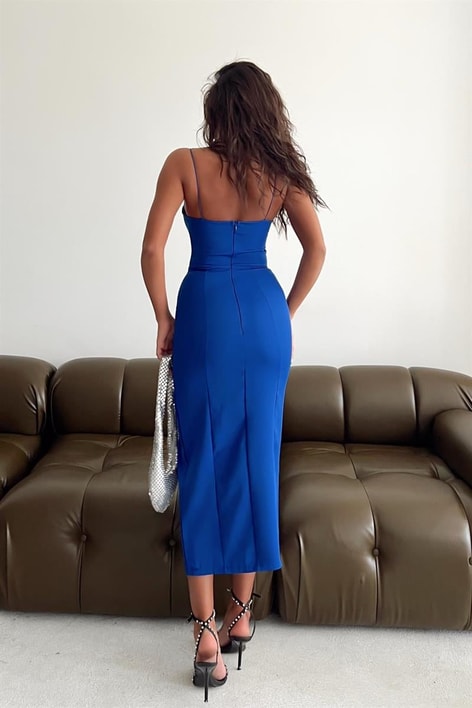 İp Askılı Midi Yırtmaçlı Elbise Saks Mavisi