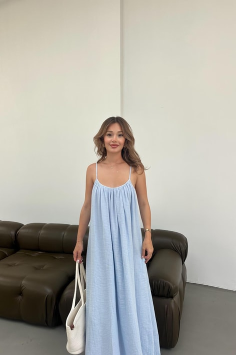 İp Askılı Müslin Elbise Bebe Mavi