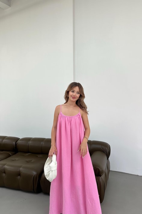 İp Askılı Müslin Elbise Pembe