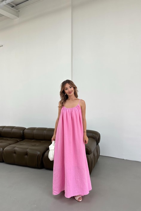 İp Askılı Müslin Elbise Pembe