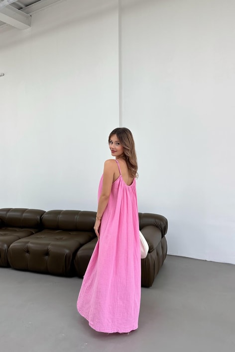 İp Askılı Müslin Elbise Pembe