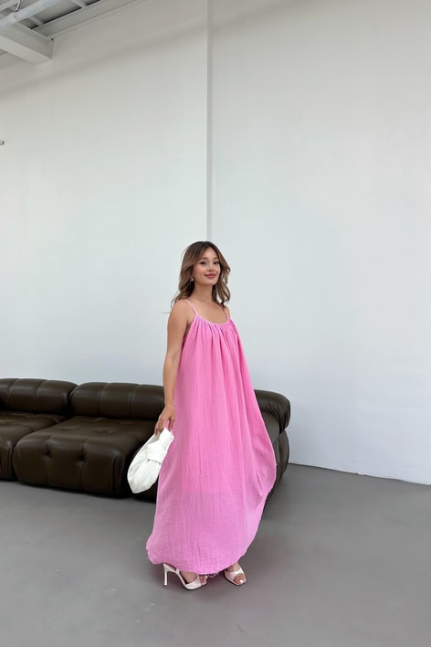 İp Askılı Müslin Elbise Pembe