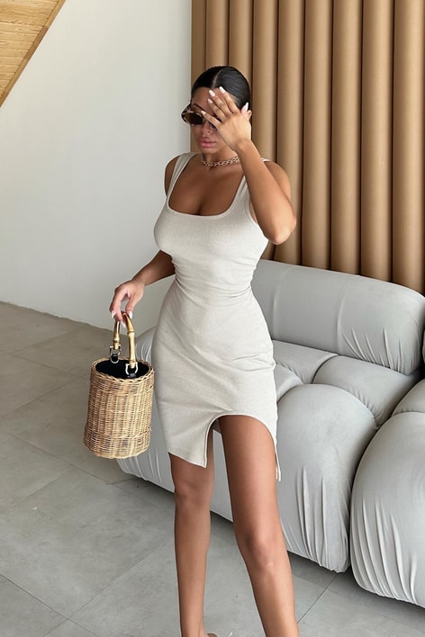 Kalın Askılı Basic Elbise Bej